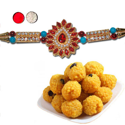 "Stone Studded Rakhi - SR-9040 A (Single Rakhi), 500gms of Laddu - Click here to View more details about this Product